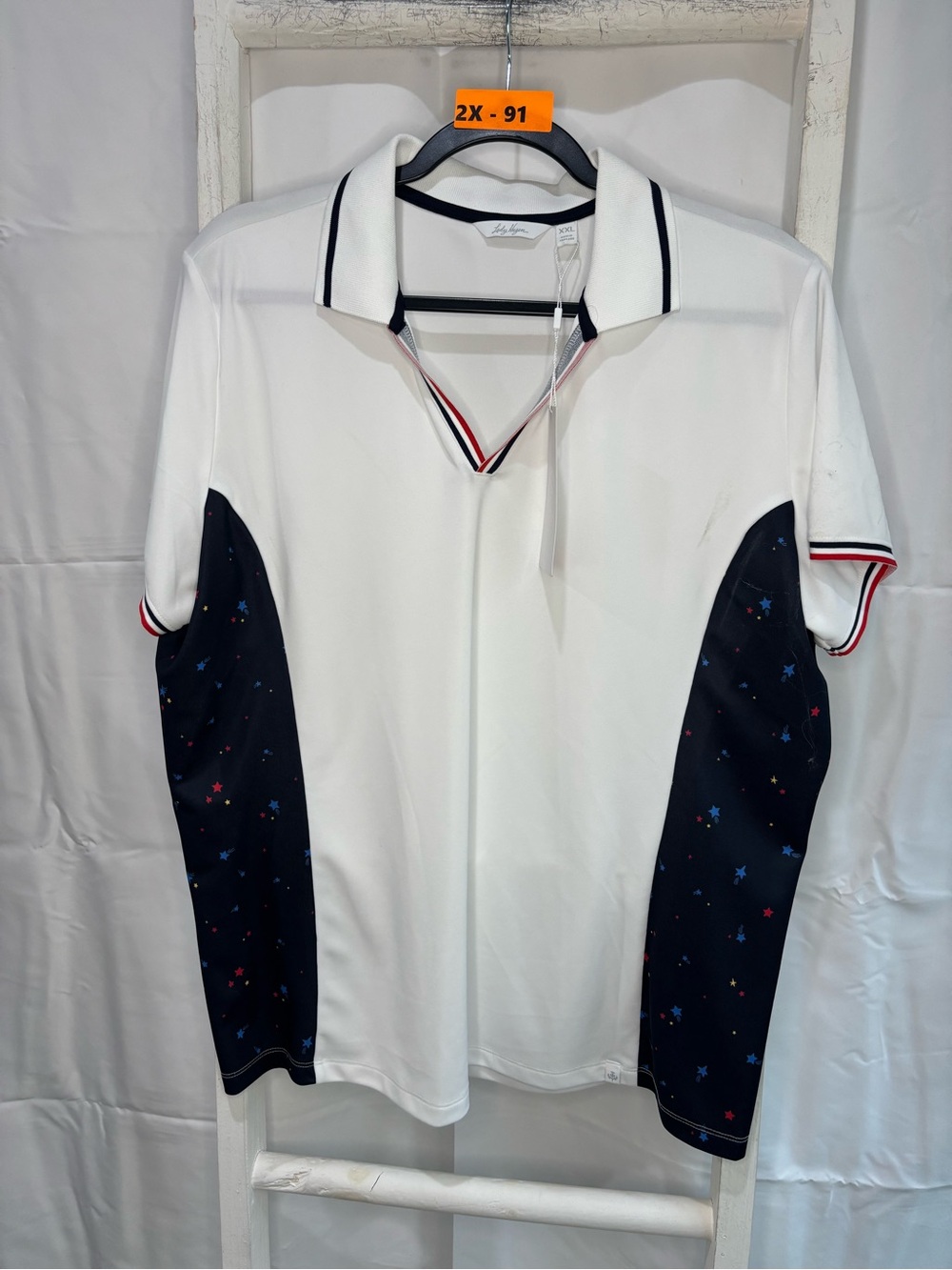 Lady Hagen White Polo with Navy Star Side Panels